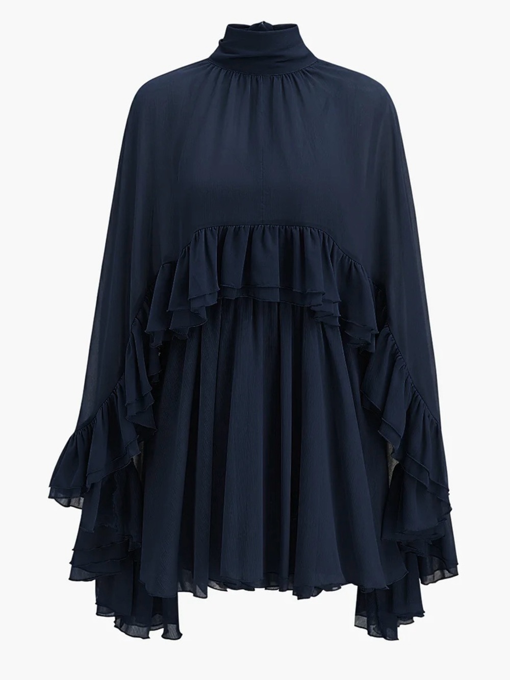 Commense Set Navy Blue Semi-Sheer Ruffle Dress with Outer Cape NWT XL
